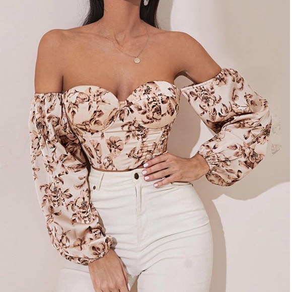 Boho Floral Print Lace up Off Shoulder Corset Top